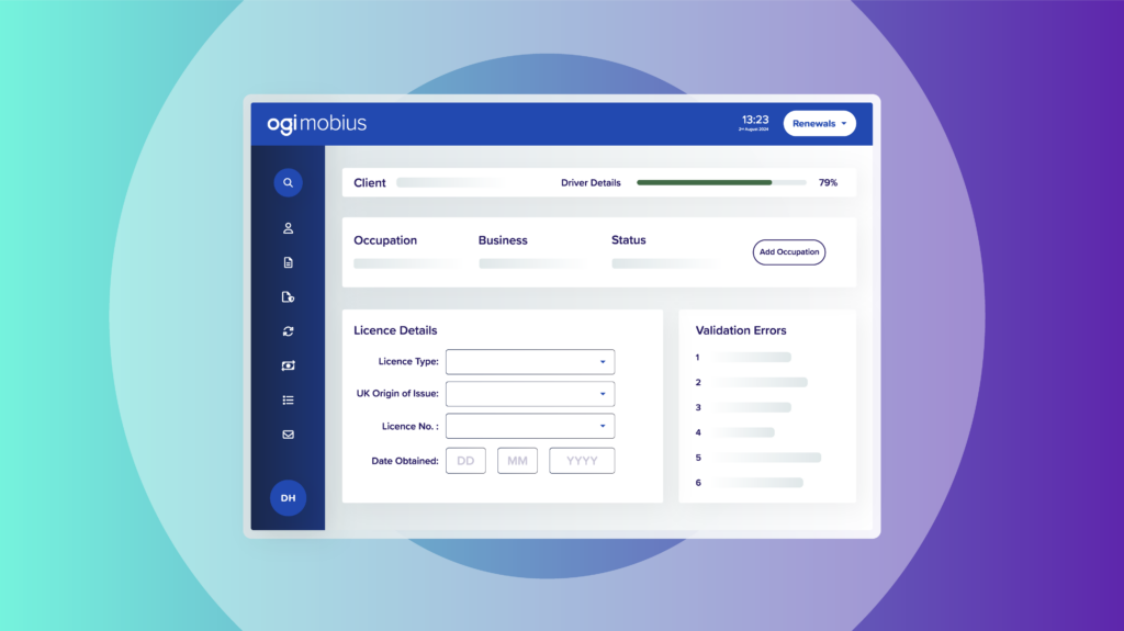 An illustration of Mobius, with a navigation bar on the left hand side. Elements within the platform include Client, Driver Details (and percentage), Licence Details and Validation Errors, with visible drop down boxes and textboxes for each option.