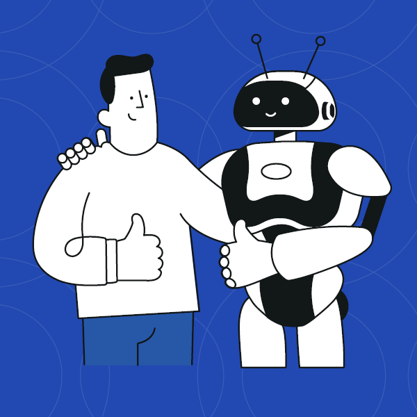 An illustration of a monochrome cartoon man with a thumbs up. His left arm is wrapped around a monochrome robot, also with a thumbs up, representing artificlal intelligence (AI). They are both happy and smiling.