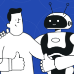 An illustration of a monochrome cartoon man with a thumbs up. His left arm is wrapped around a monochrome robot, also with a thumbs up, representing artificlal intelligence (AI). They are both happy and smiling.